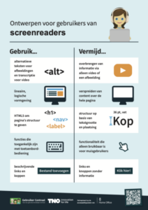 Poster met tips voor ontwerpen voor gebruikers van screenreaders. De afbeelding is een link naar de poster als PDF.