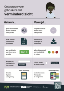 Poster met tips voor ontwerpen voor gebruikers met verminderd zicht. De afbeelding is een link naar de poster als PDF.